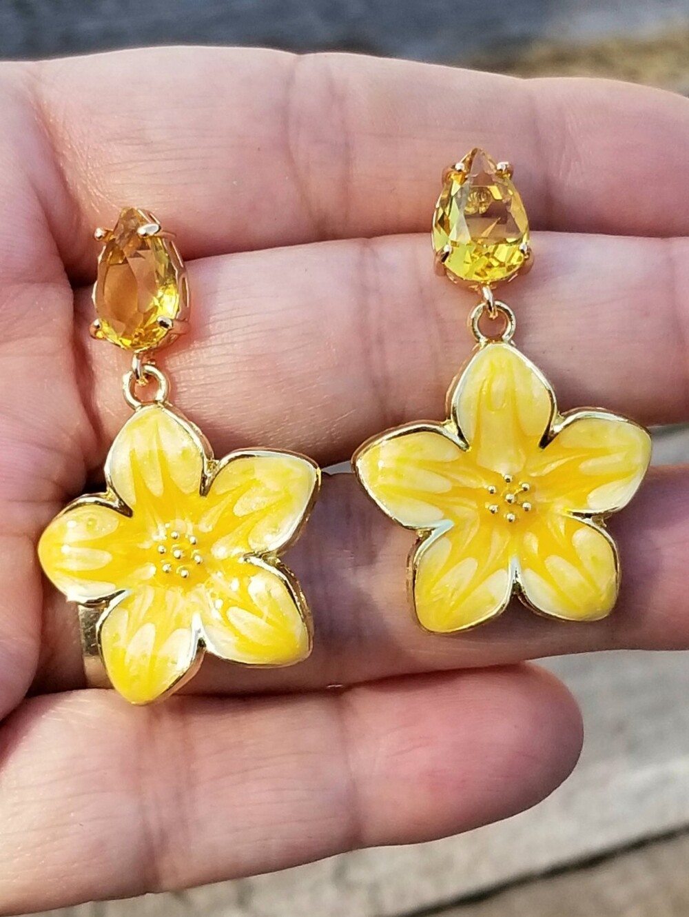14k Gold Citrine Floral Stud Earrings, Yellow Flower Dangle Earrings